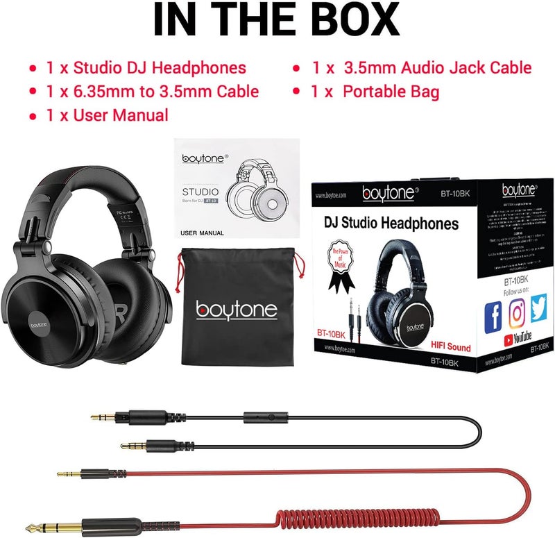 Boytone BT-10BK Wired Over Ear Headphones Studio Monitor & Mixing DJ Stereo Headsets with 50mm Drivers and 1/4 to 3.5mm Audio Jack, Foldable for Computer Audio Mixer, DJ Headphone - Image 4